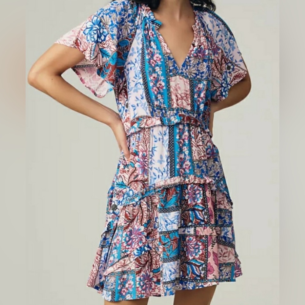 Anthropologie Robin Tiered Boho Floral Patchwork Colourful Mini V-Neck Dress XL